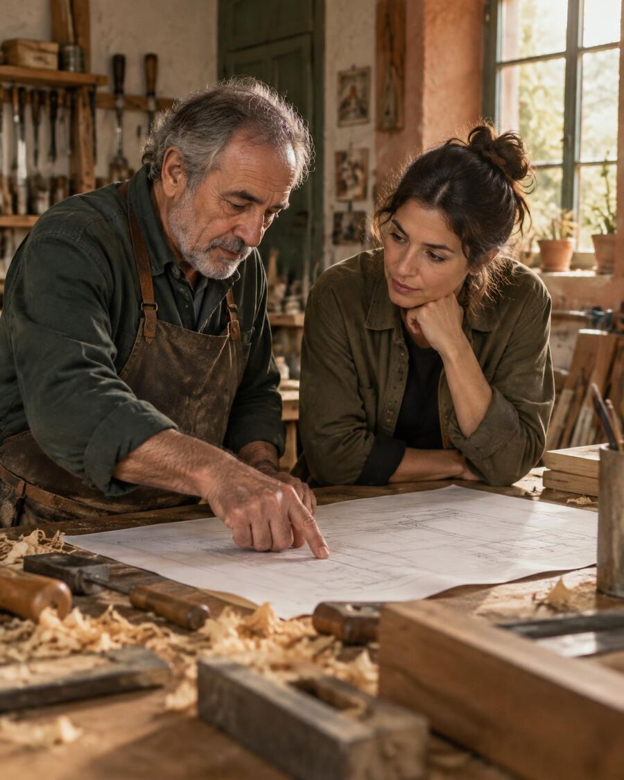 Una persona mayor y una persona joven revisan juntas un plano sobre un banco de taller. Imagen ilustrativa.